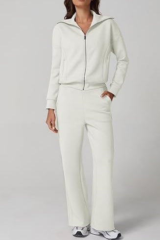 2 Piece Outfits Lapel Long Sleeve Zip Up Sweatshirt Wide Leg Pants