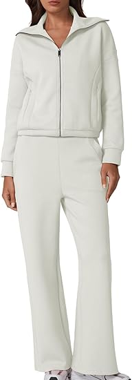 2 Piece Outfits Lapel Long Sleeve Zip Up Sweatshirt Wide Leg Pants