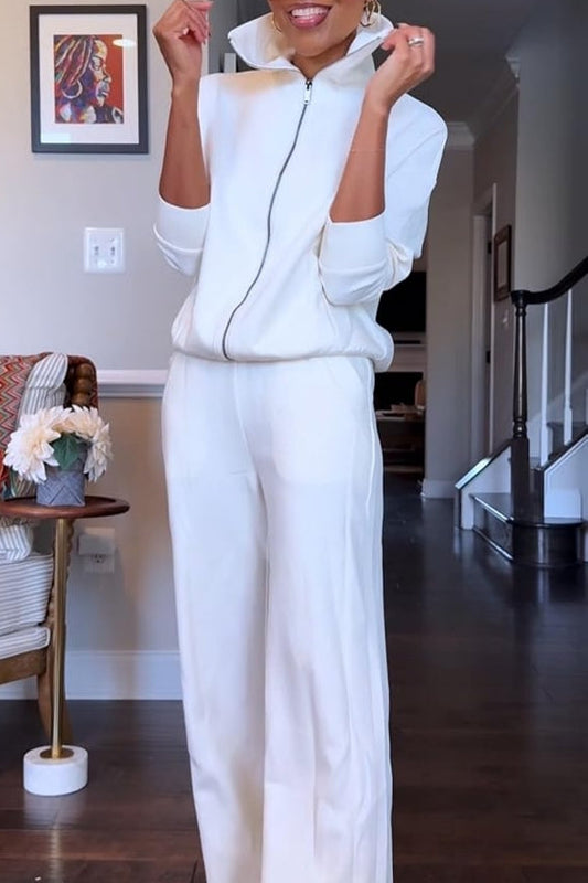 2 Piece Outfits Lapel Long Sleeve Zip Up Sweatshirt Wide Leg Pants