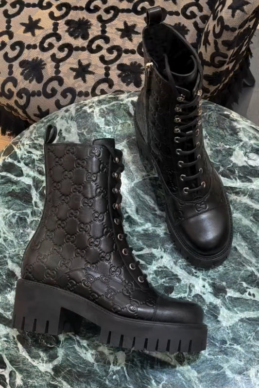 Black Enaraved ltalian Leather Ankle Boots