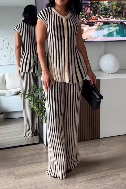 Black & White Striped Knit Sleeveless Top and Pants Set