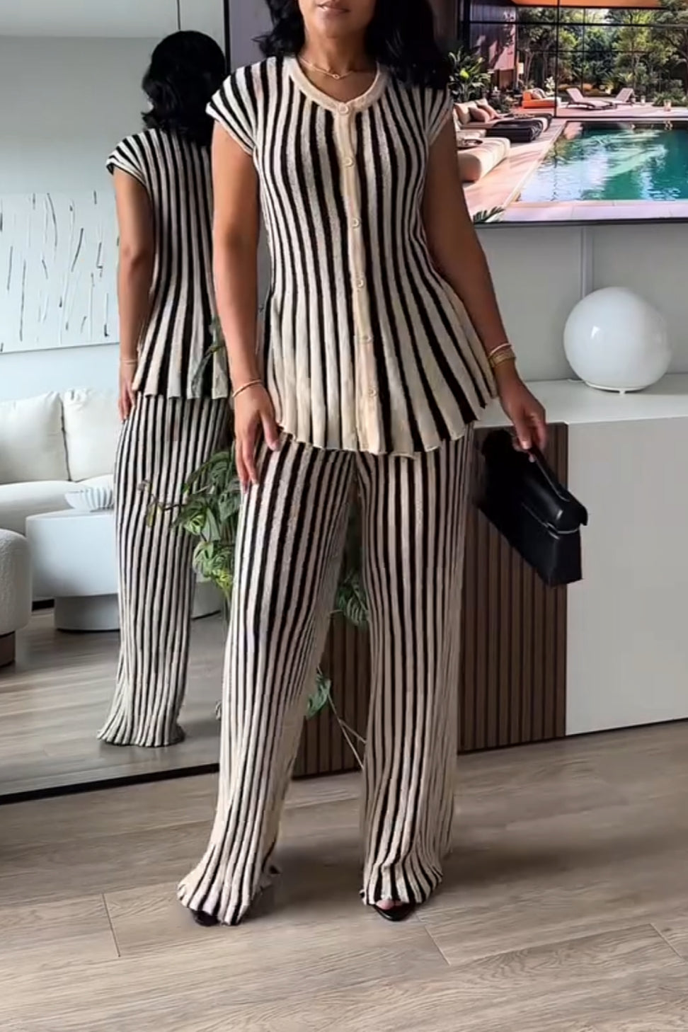 Black & White Striped Knit Sleeveless Top and Pants Set