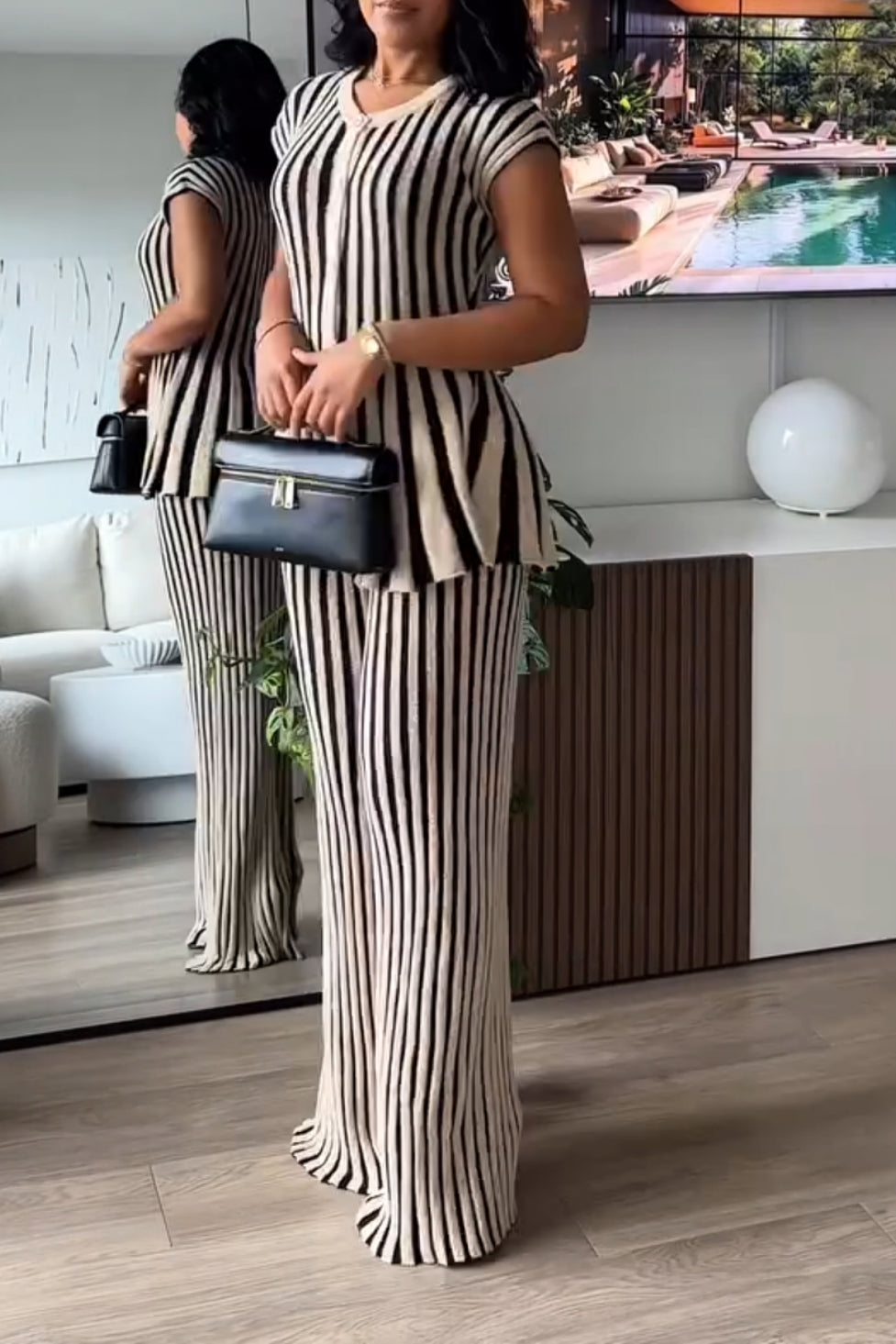 Black & White Striped Knit Sleeveless Top and Pants Set