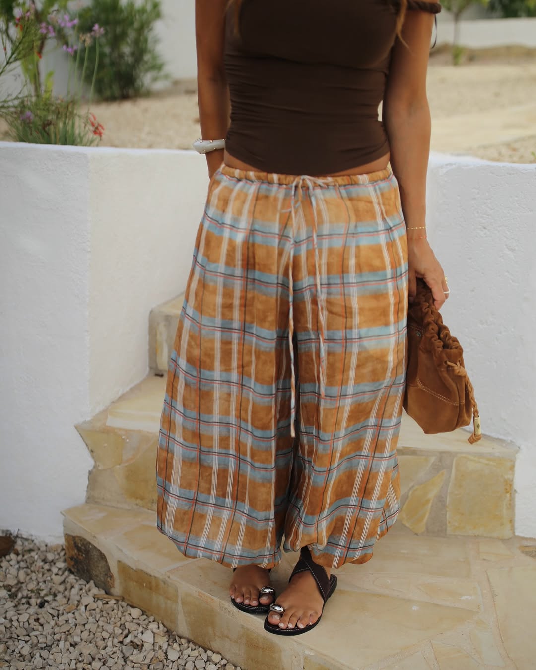 Drawstring Plaid Lantern Pants