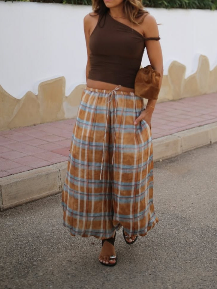 Drawstring Plaid Lantern Pants