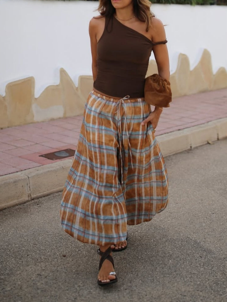 Drawstring Plaid Lantern Pants