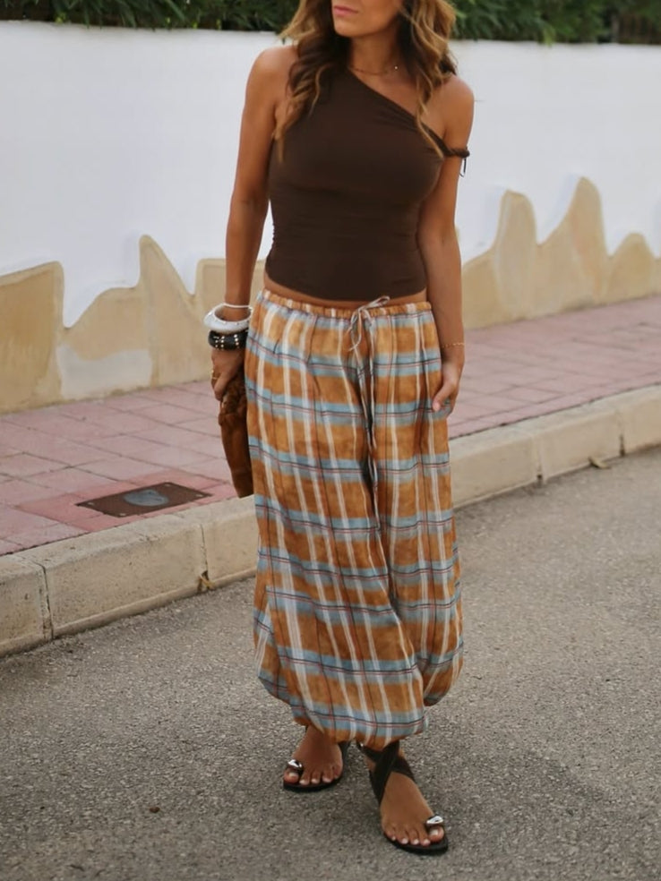 Drawstring Plaid Lantern Pants