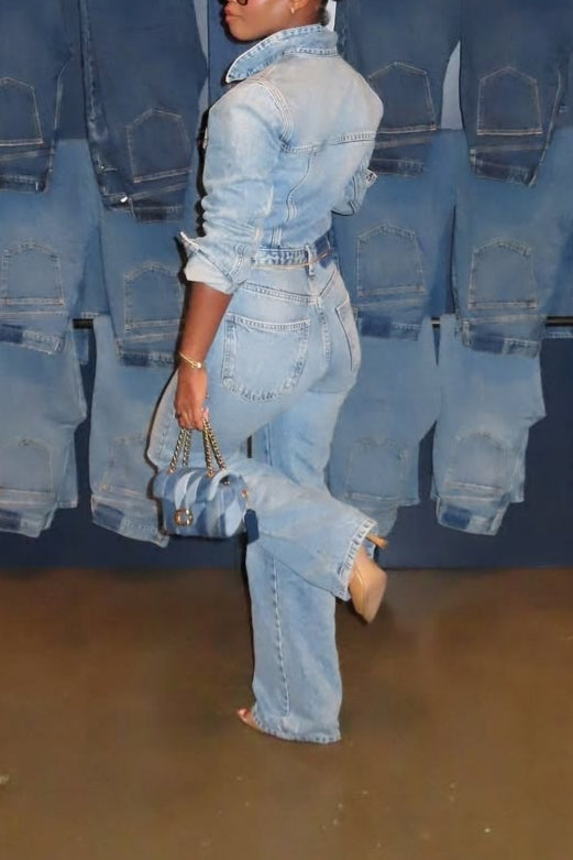 Washed Light Blue Denim Shirt and Pants Set