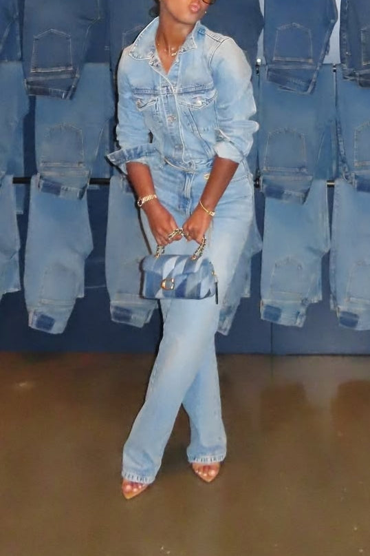Washed Light Blue Denim Shirt and Pants Set