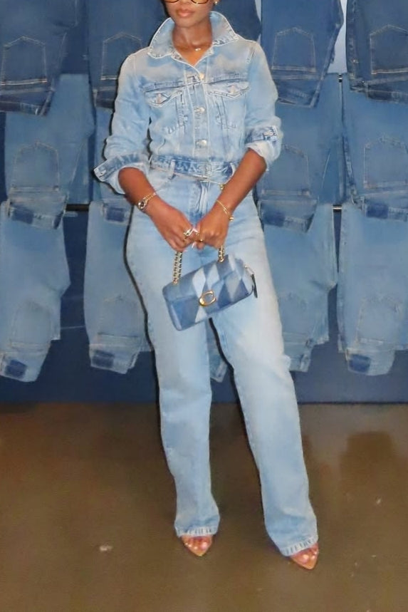 Washed Light Blue Denim Shirt and Pants Set