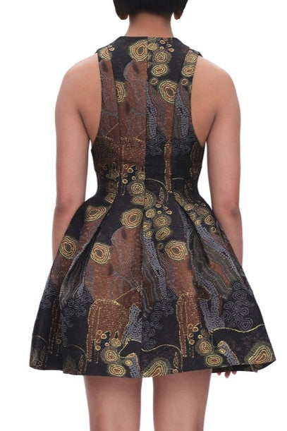 Metallic Print Sleeveless Flared Mini Dress