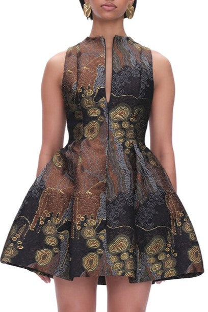 Metallic Print Sleeveless Flared Mini Dress