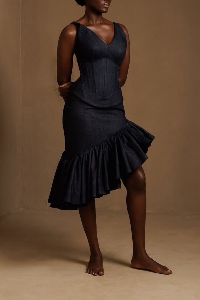 Denim Corset Ruffle Hem Dress