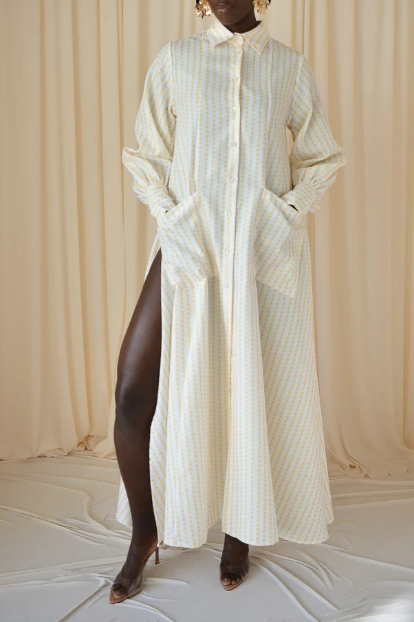 Maxi Flared Shirt Dress in Yellow & White Diamond Stripes