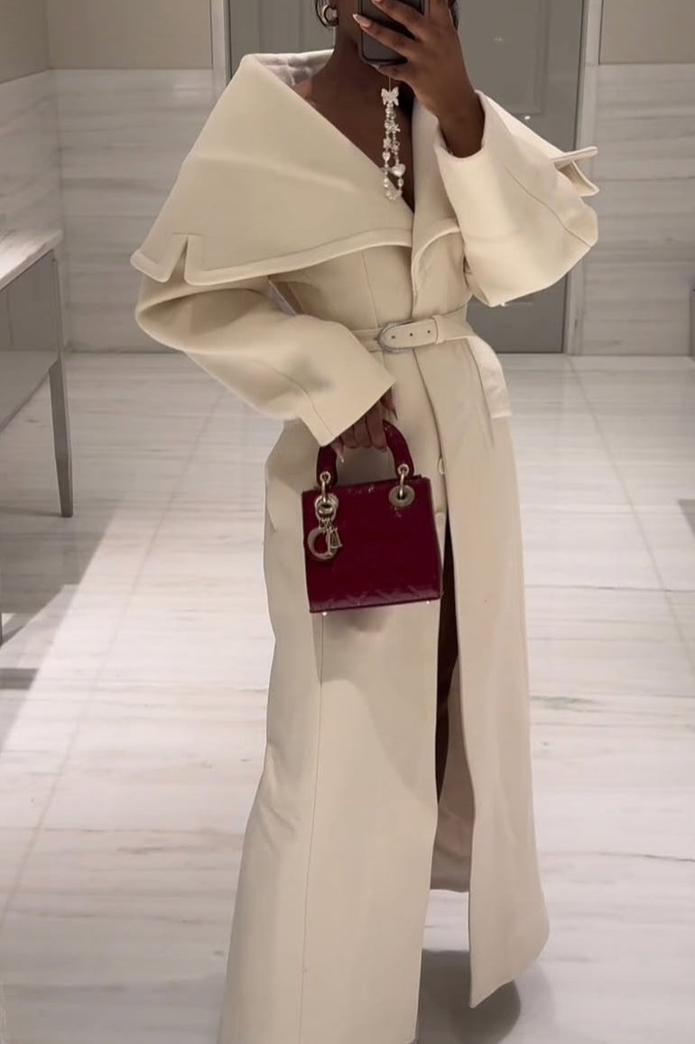 Long Belted Coat with Oversized Lapel