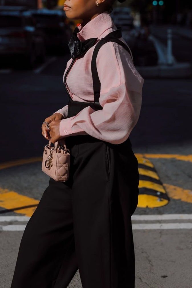 Pink Blouse and Black Suspender Wide-Leg Pants Set