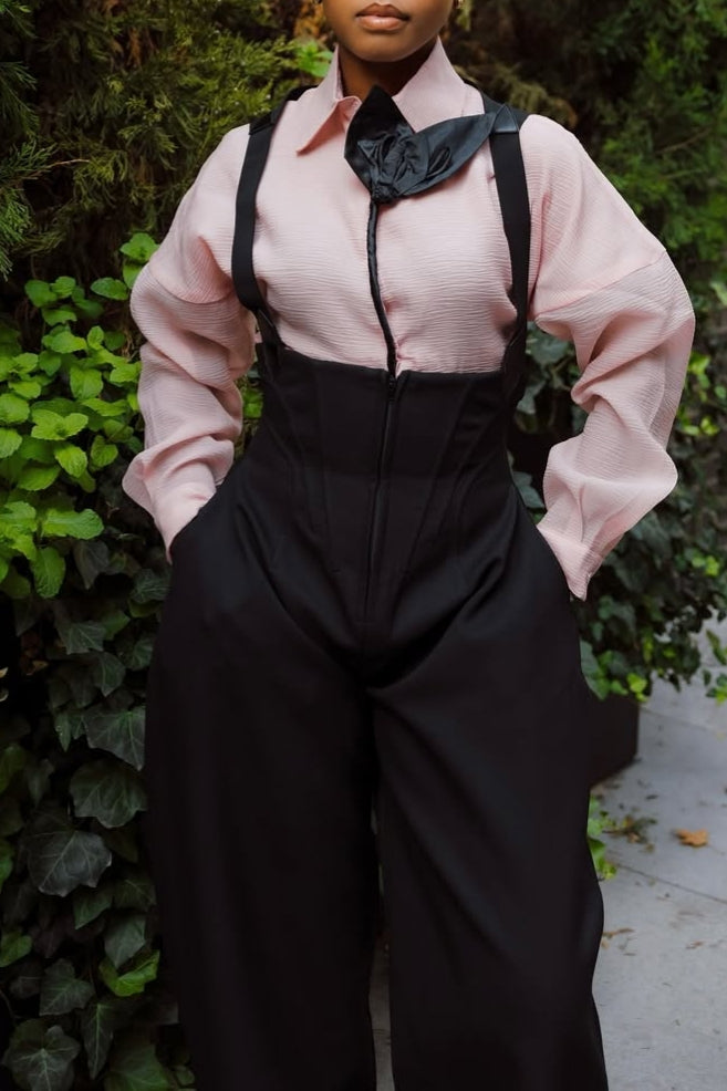 Pink Blouse and Black Suspender Wide-Leg Pants Set