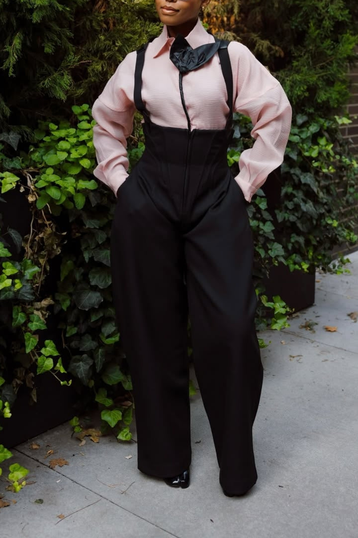 Pink Blouse and Black Suspender Wide-Leg Pants Set