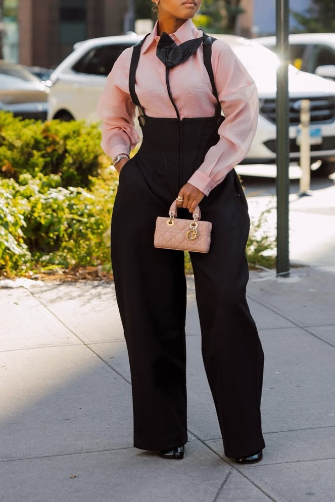 Pink Blouse and Black Suspender Wide-Leg Pants Set