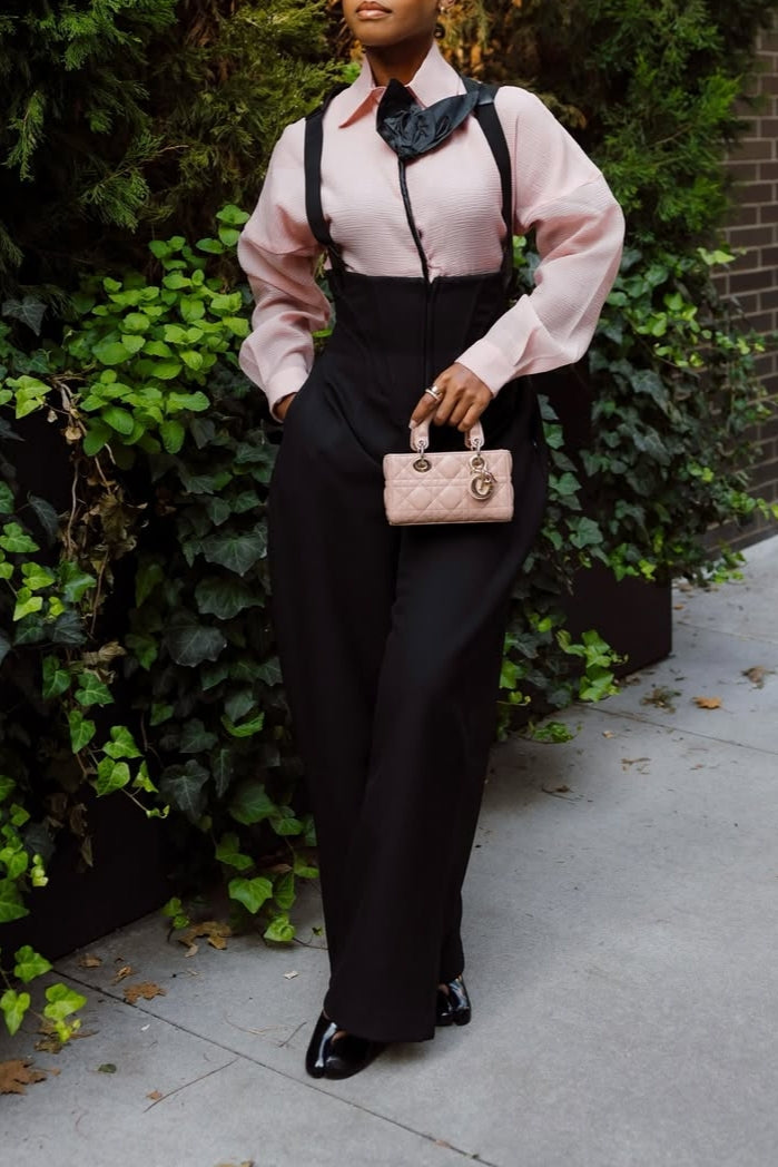 Pink Blouse and Black Suspender Wide-Leg Pants Set