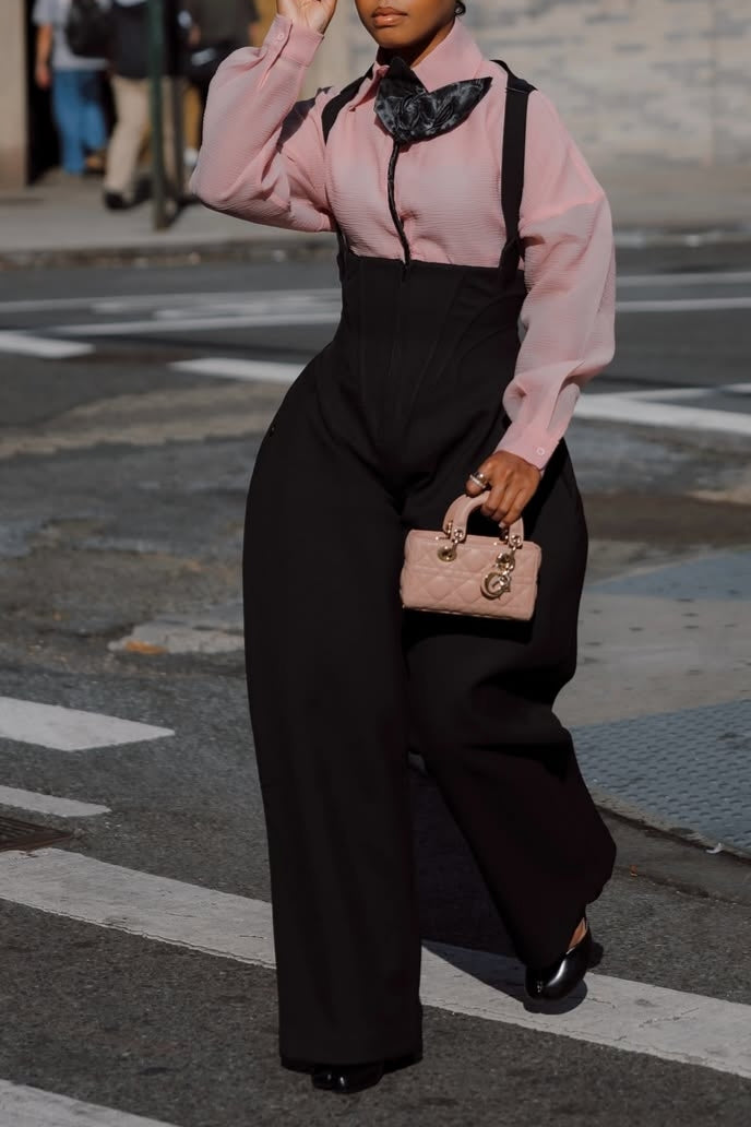 Pink Blouse and Black Suspender Wide-Leg Pants Set
