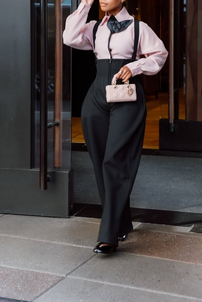 Pink Blouse and Black Suspender Wide-Leg Pants Set