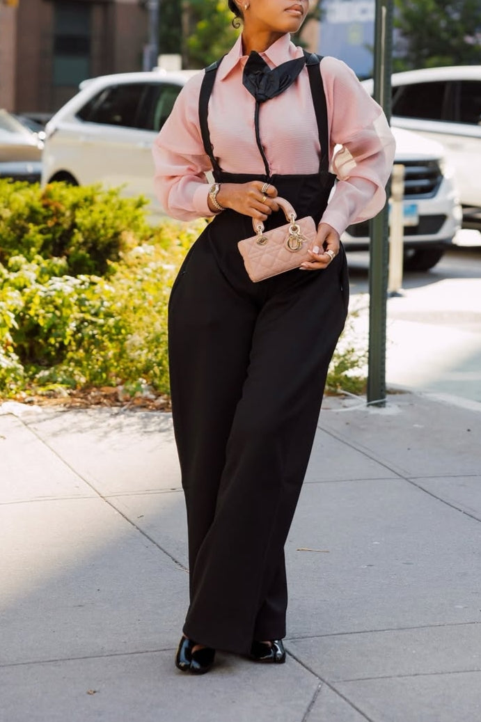 Pink Blouse and Black Suspender Wide-Leg Pants Set