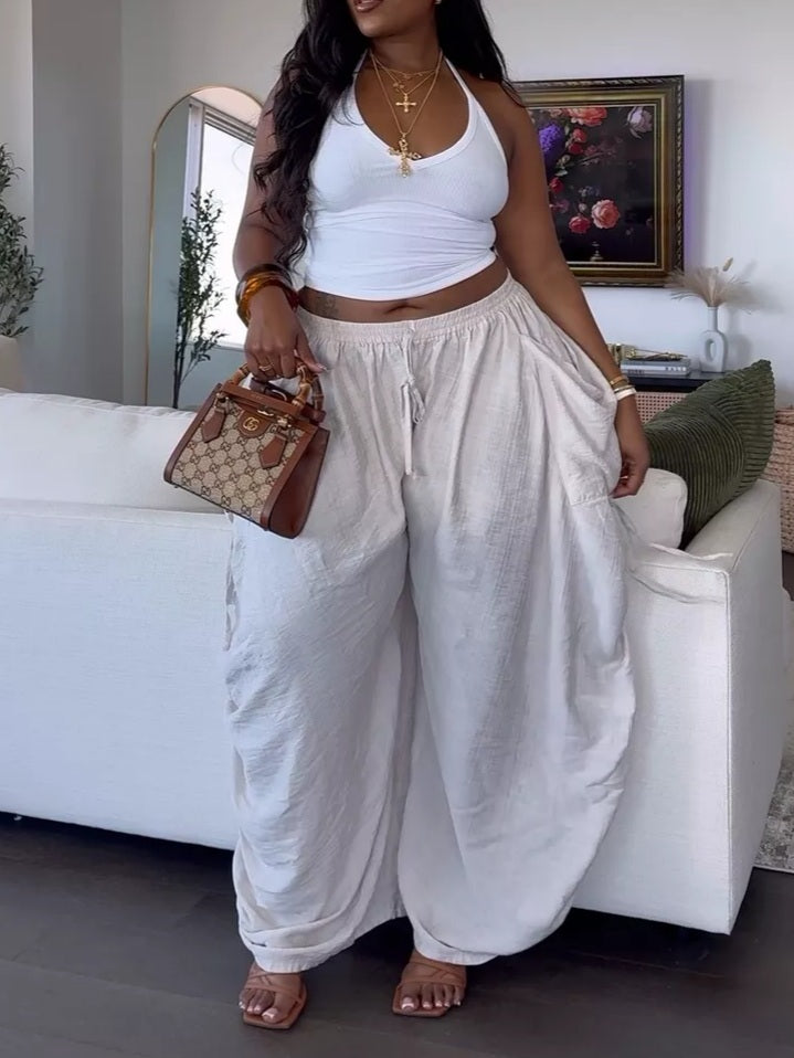 Women Solid Color Tie-Waist Wide Leg Baggy Pants With Big Pockets