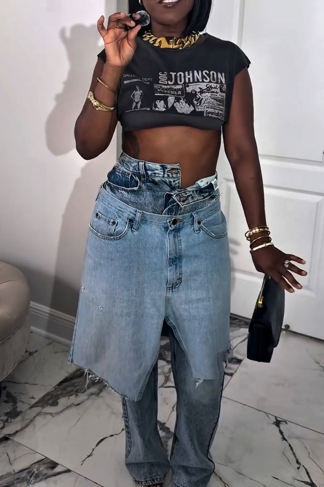 Layered Denim Pants with Skirt Overlay