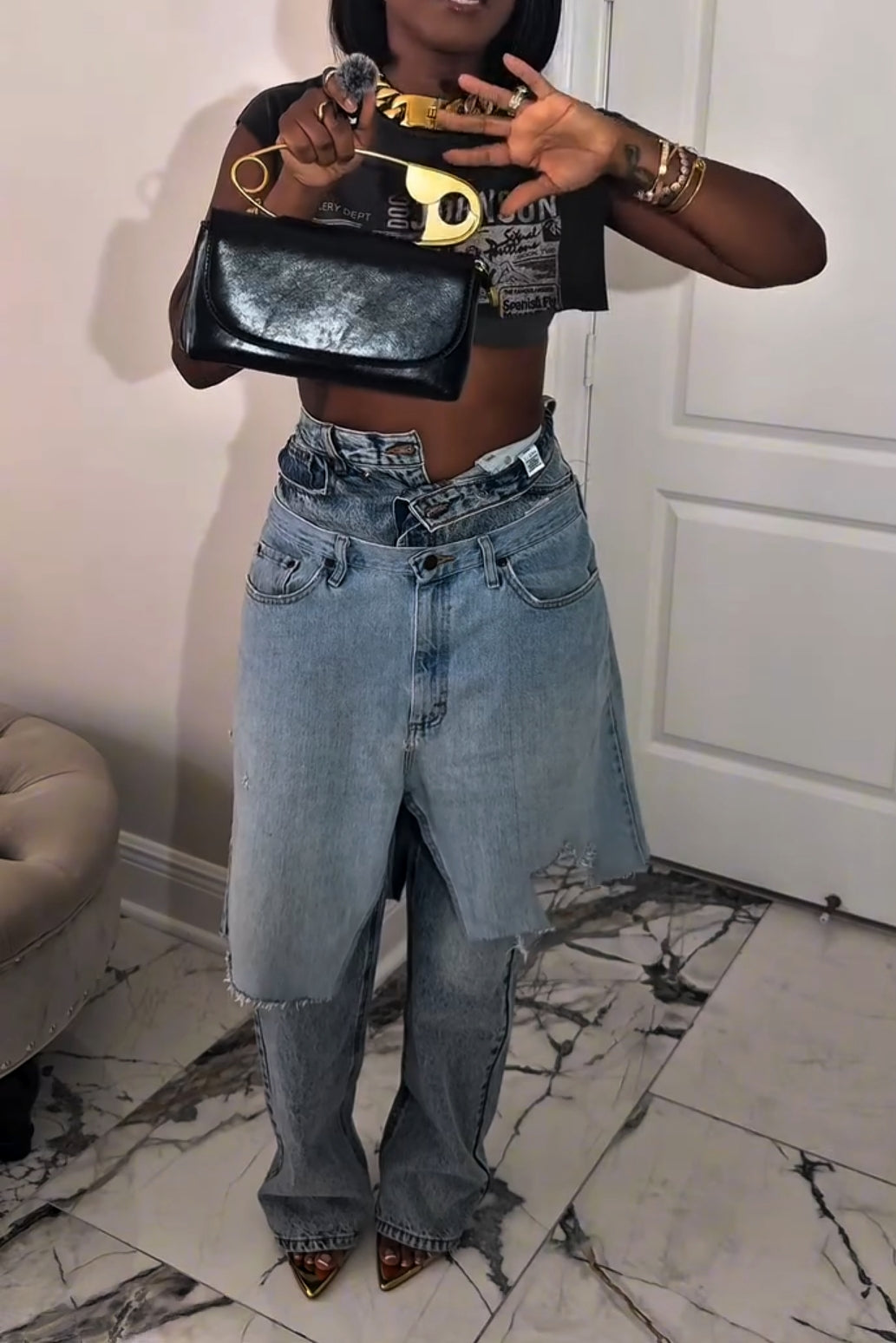 Layered Denim Pants with Skirt Overlay