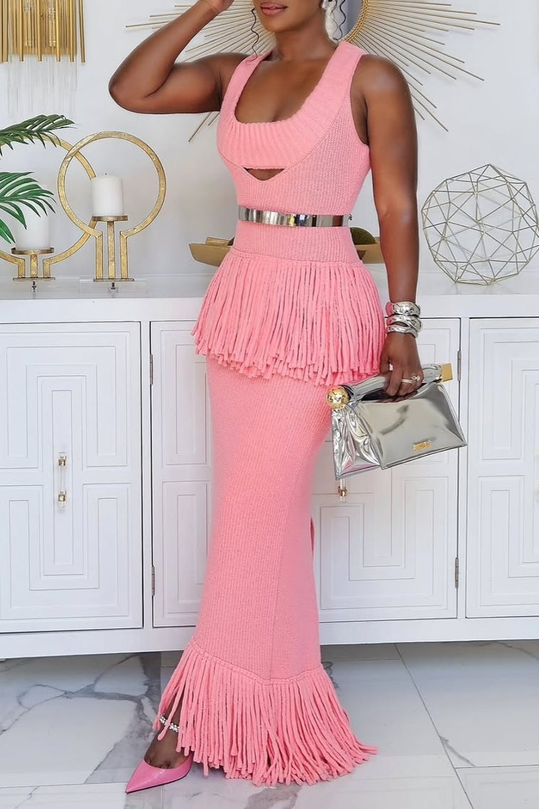 Fringe Hem Knitted Maxi Dress in Pink