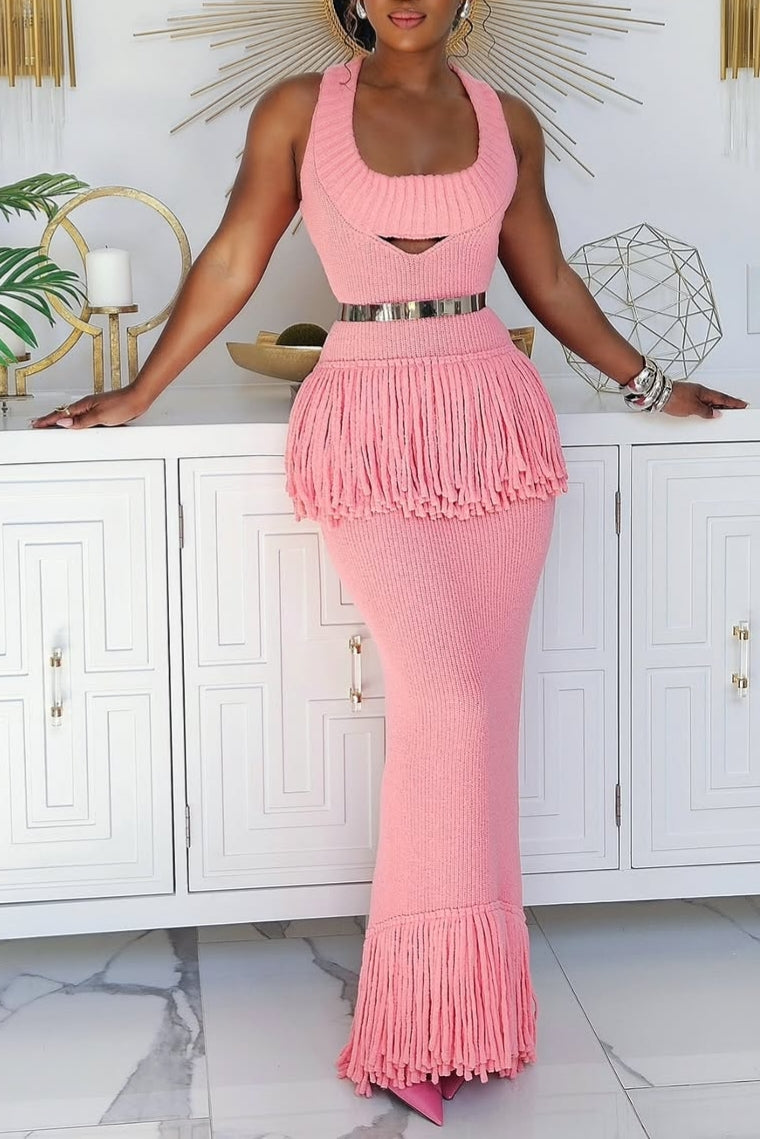 Fringe Hem Knitted Maxi Dress in Pink