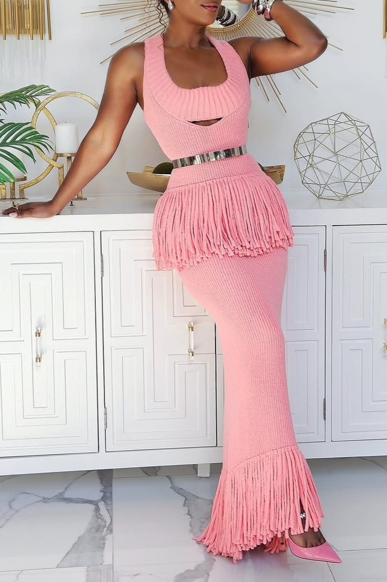 Fringe Hem Knitted Maxi Dress in Pink