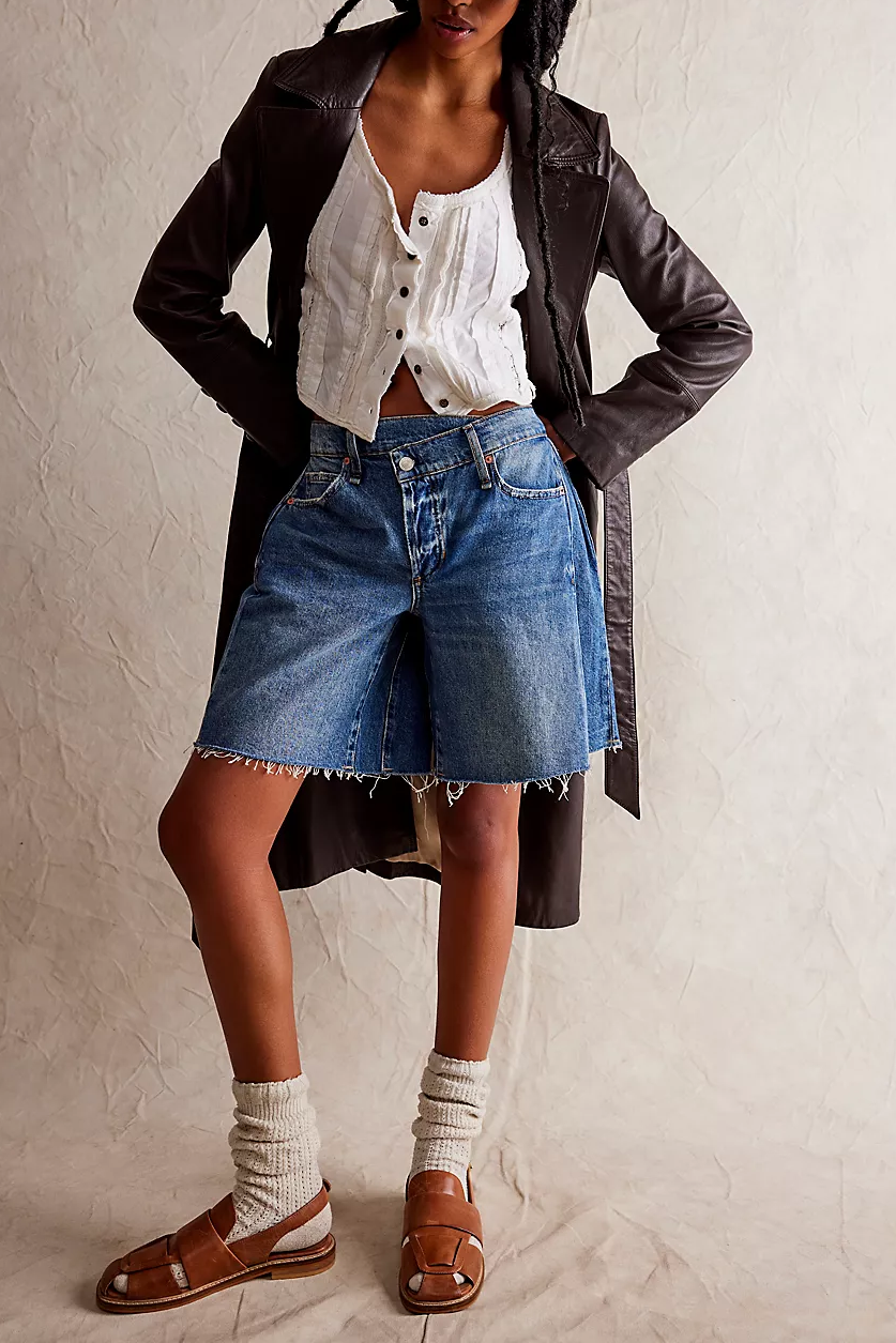 Raw Hem Wide-Leg Denim Bermuda Shorts