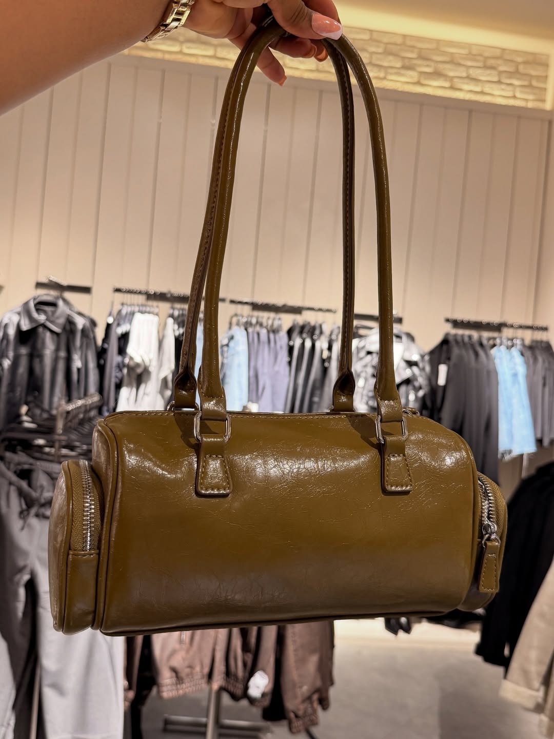 Vintage Cylinder Leather Shoulder Bag with Side Zipper Pockets