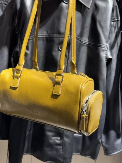 Vintage Cylinder Leather Shoulder Bag with Side Zipper Pockets