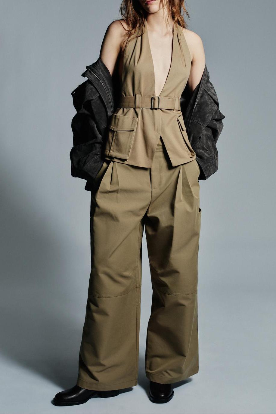 Pocket Halter Top & Pleated Cargo Pants Set