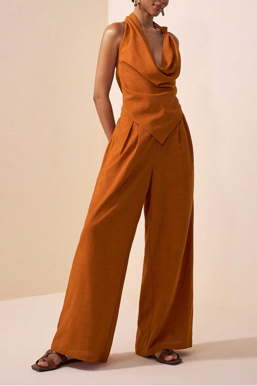 Tie Knot Design Brown Textured Crop Top & Wide Leg Linen Pants 2-Piece Set