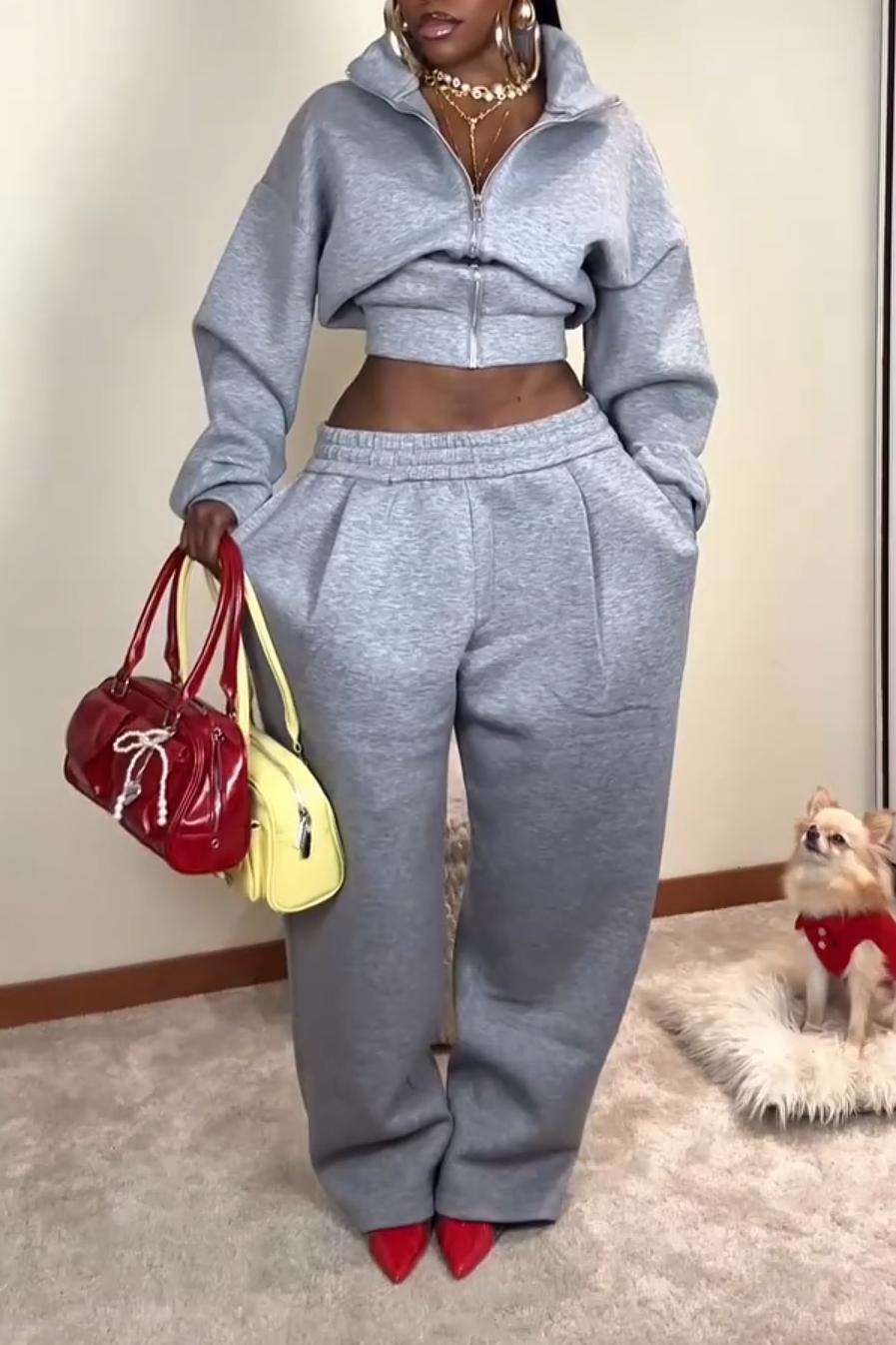 Women's Casual Two-Piece Tracksuit – Cropped Zip Hoodie & Wide-Leg Sweatpants