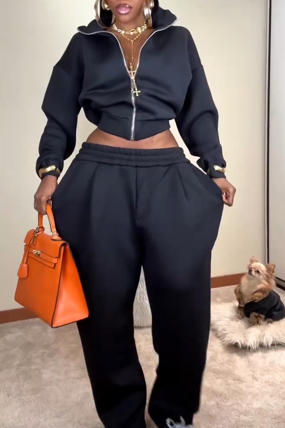 Women's Casual Two-Piece Tracksuit – Cropped Zip Hoodie & Wide-Leg Sweatpants