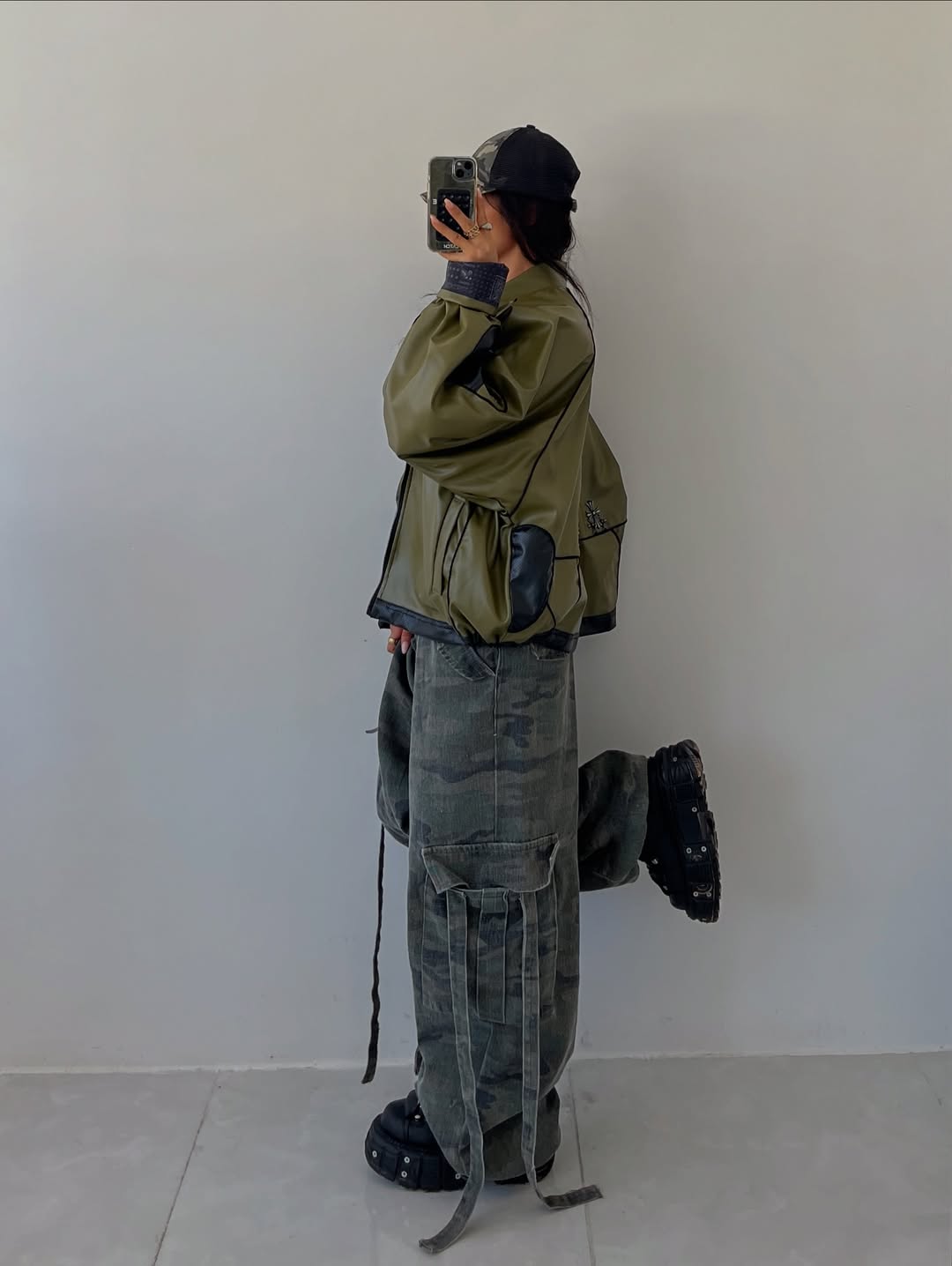 Oversized Army Green Faux Leather Bomber Jacket