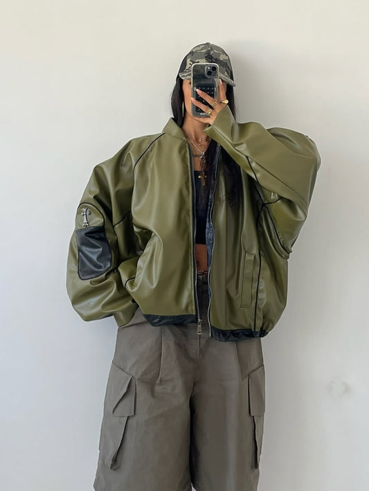 Oversized Army Green Faux Leather Bomber Jacket