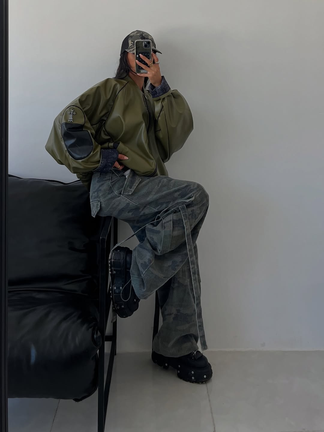 Oversized Army Green Faux Leather Bomber Jacket