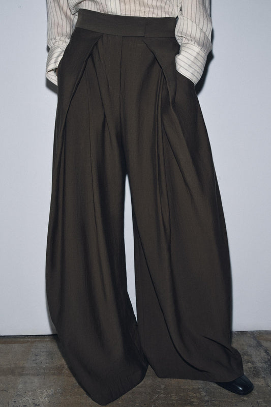 High-Waist Wide-Leg Pleated Trousers