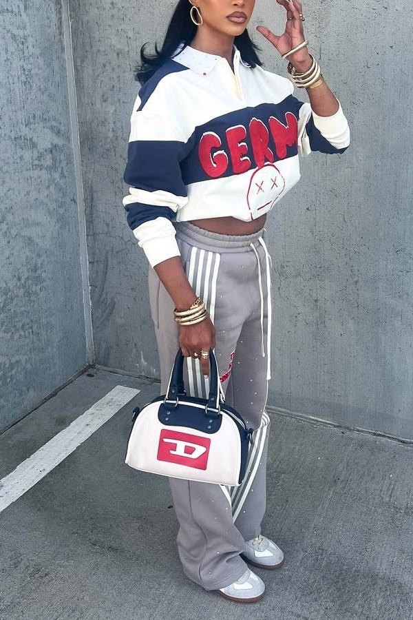 Casual Graphic Patchwork Pullover – Cropped Sports Sweatshirt