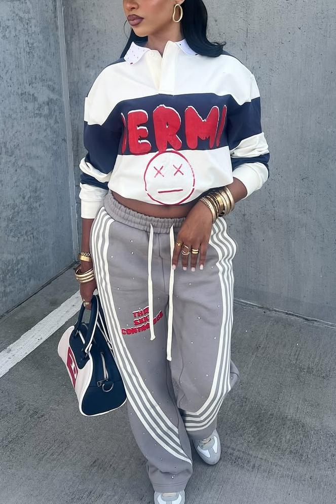 Casual Graphic Patchwork Pullover – Cropped Sports Sweatshirt