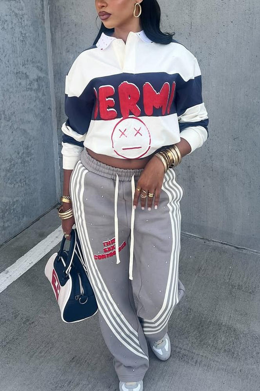 Casual Graphic Patchwork Pullover – Cropped Sports Sweatshirt