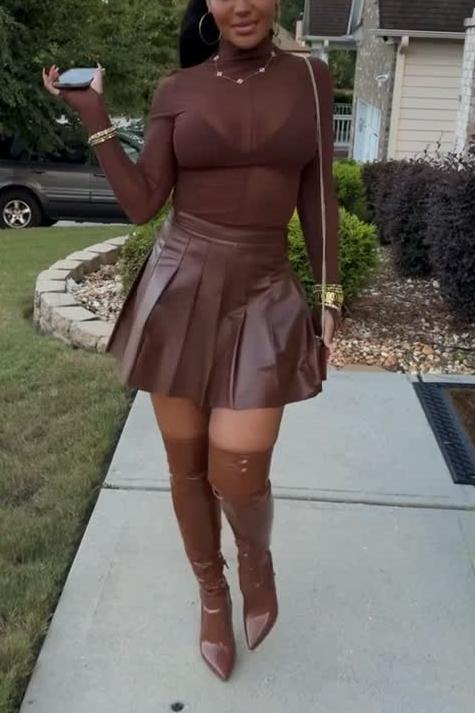 Brown Pleated PU Leather Mini Skirt