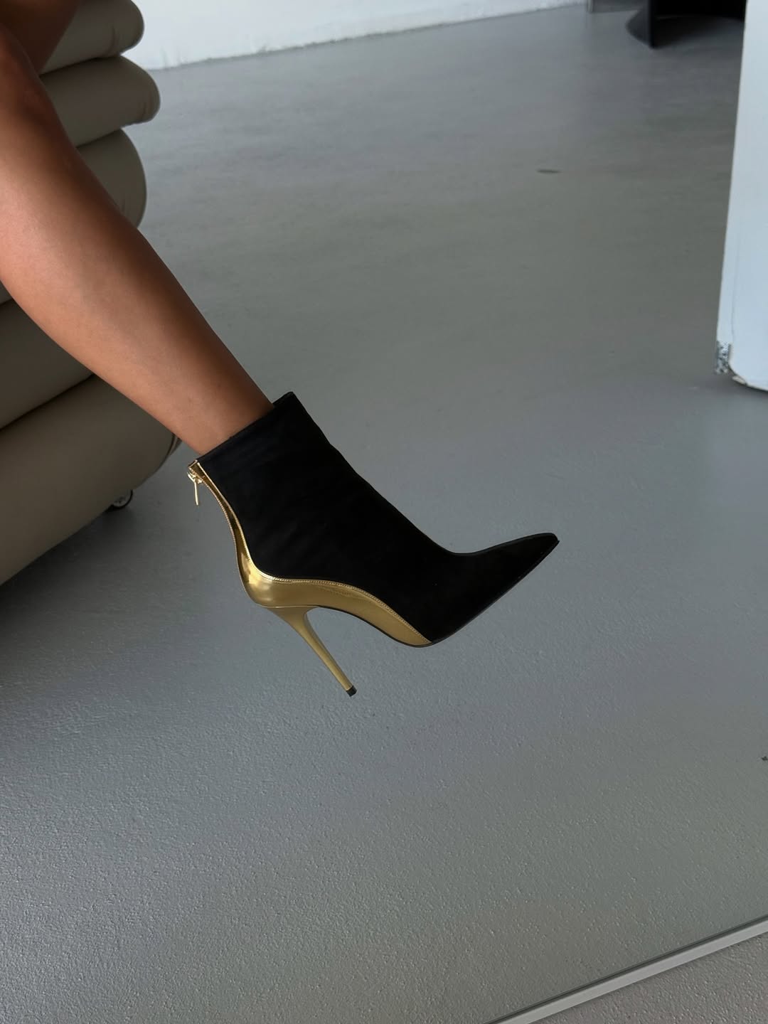 Black Suede Ankle Boots with Gold Heel Detail