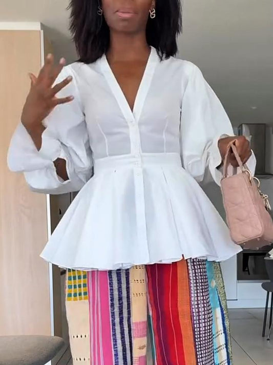 White Cotton V-neck Balloon Sleeve Peplum Dress Shirt